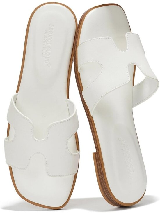 Shoes - Women's White 100% Genuine Leather Memory Foam Insole Slides Flat Sandal Shoes